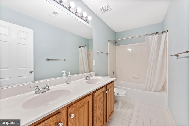 17760 Julie Ann Ct, Hamilton, VA 20158 - bathroom with shower / bathtub combination with curtain, tile patterned flooring, double vanity, and toilet