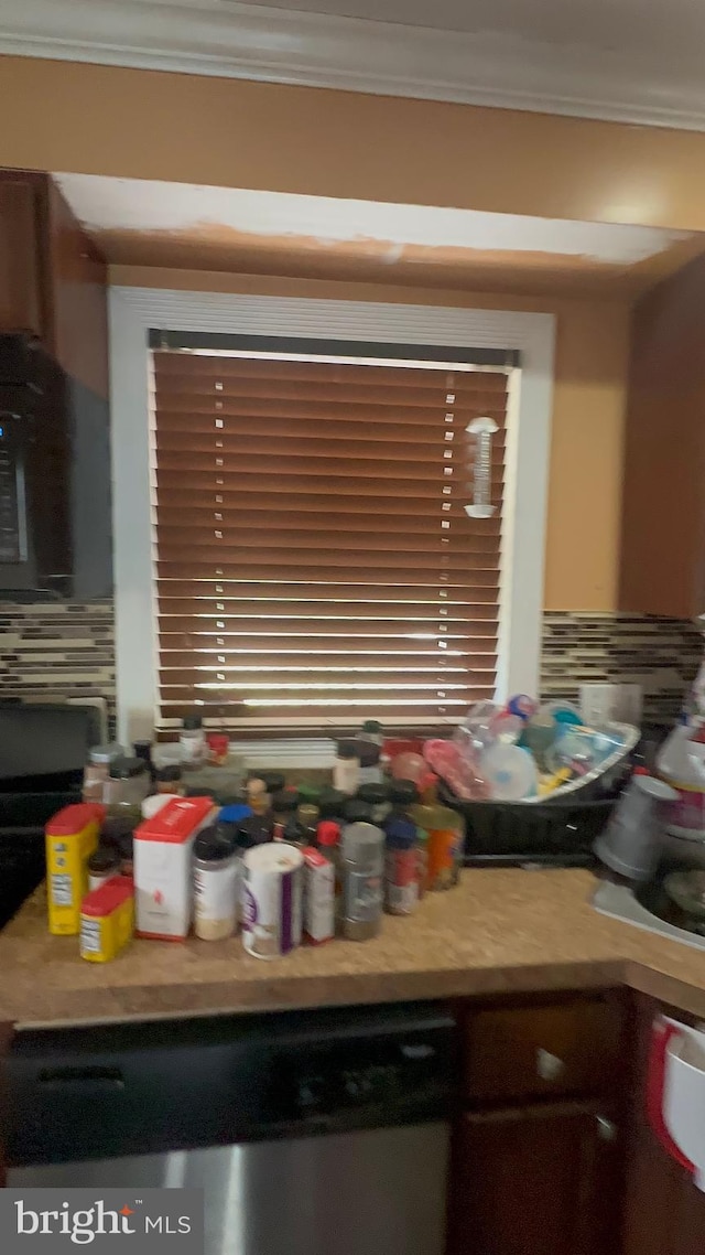 3707 Howard Park Ave, Baltimore, MD 21207 - bar with ornamental molding, decorative backsplash, and dishwasher