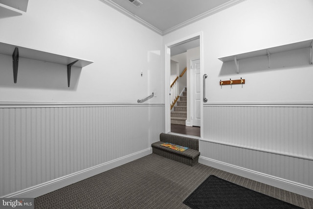 13 Honey Locust Ln, Newtown, PA 18940 - stairs with wainscoting, ornamental molding, and carpet floors