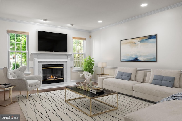 13 Honey Locust Ln, Newtown, PA 18940 - living area with wood finished floors, a glass covered fireplace, healthy amount of natural light, ornamental molding, and recessed lighting