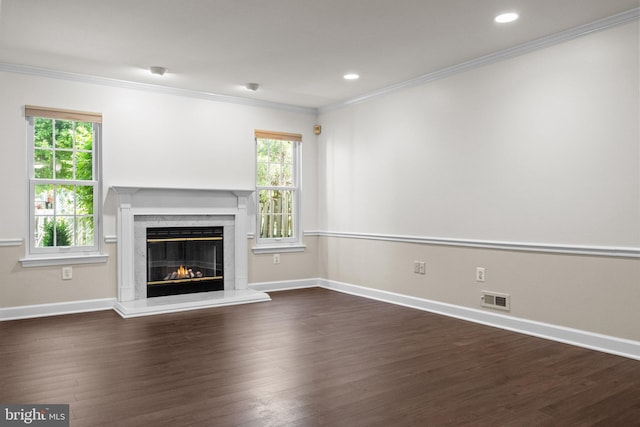 13 Honey Locust Ln, Newtown, PA 18940 - unfurnished living room with a premium fireplace, healthy amount of natural light, dark wood-style flooring, baseboards, and crown molding