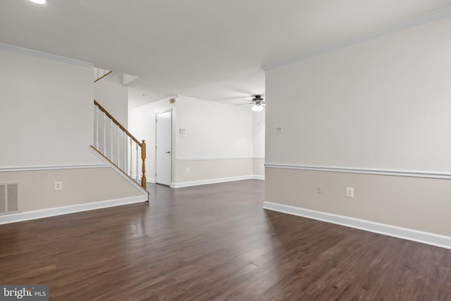 13 Honey Locust Ln, Newtown, PA 18940 - empty room with stairway, ceiling fan, dark wood-style floors, crown molding, and baseboards