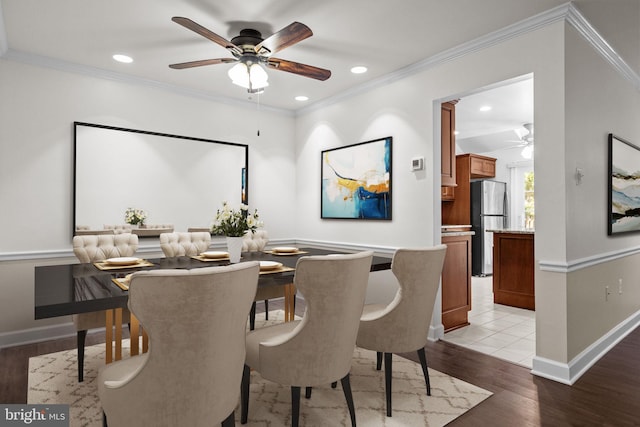13 Honey Locust Ln, Newtown, PA 18940 - dining area featuring a ceiling fan, recessed lighting, light wood-style floors, baseboards, and ornamental molding