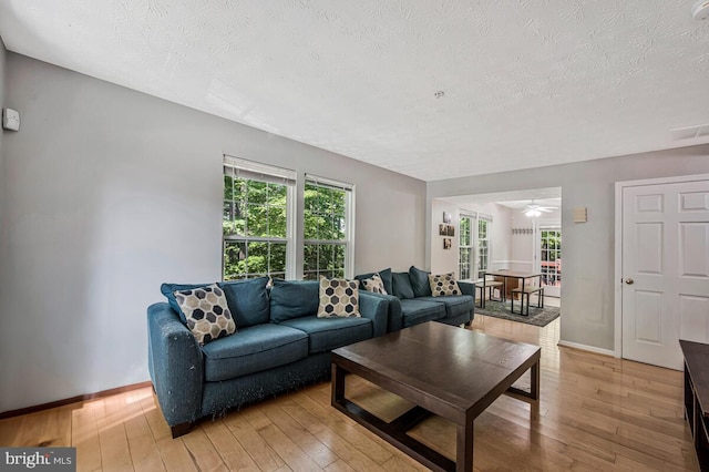 3218 Water Lily Ct, Laurel, MD 20724 - living room with a textured ceiling, light wood-style flooring, plenty of natural light, and baseboards
