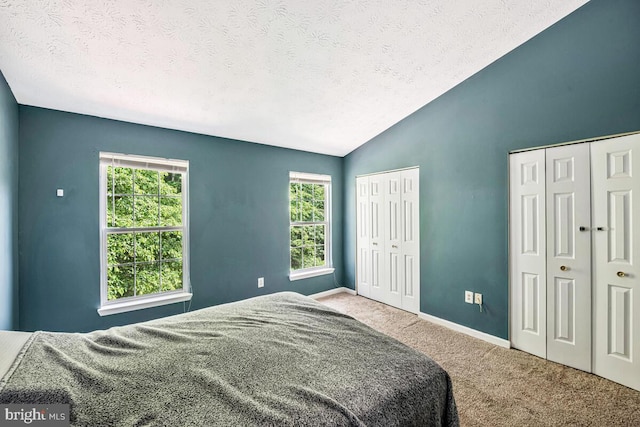 3218 Water Lily Ct, Laurel, MD 20724 - carpeted bedroom with two closets, a textured ceiling, vaulted ceiling, multiple windows, and baseboards
