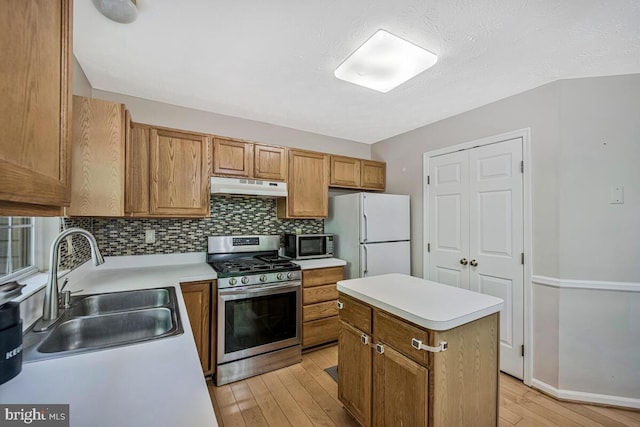 3218 Water Lily Ct, Laurel, MD 20724 - kitchen featuring appliances with stainless steel finishes, under cabinet range hood, a sink, light wood-style floors, and light countertops