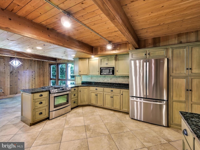 2511 W Norwegian St, Pottsville, PA 17901 - kitchen with appliances with stainless steel finishes, wooden ceiling with exposed beams, light tile patterned flooring, a peninsula, and wood walls
