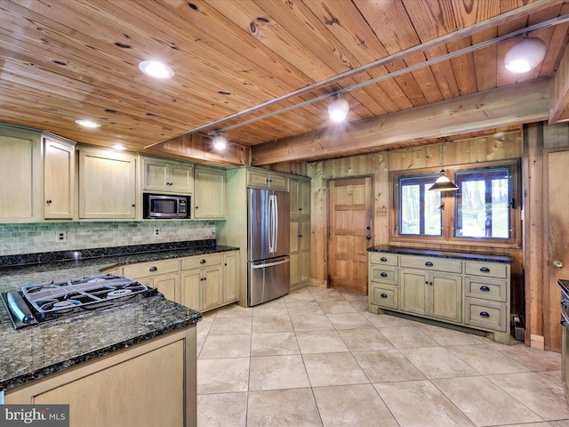 2511 W Norwegian St, Pottsville, PA 17901 - kitchen featuring appliances with stainless steel finishes, wood ceiling with exposed beams, tasteful backsplash, light tile patterned floors, and dark stone counters