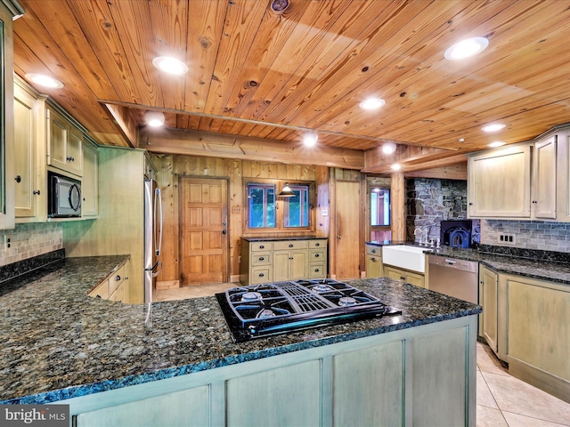 2511 W Norwegian St, Pottsville, PA 17901 - kitchen with black appliances, a peninsula, tasteful backsplash, light tile patterned floors, and wood ceiling