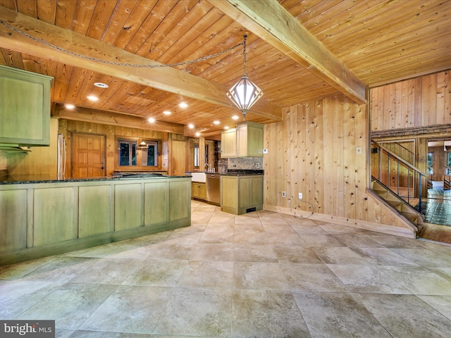 2511 W Norwegian St, Pottsville, PA 17901 - kitchen with wood ceiling with exposed beams, wooden walls, stainless steel appliances, dark countertops, and a peninsula