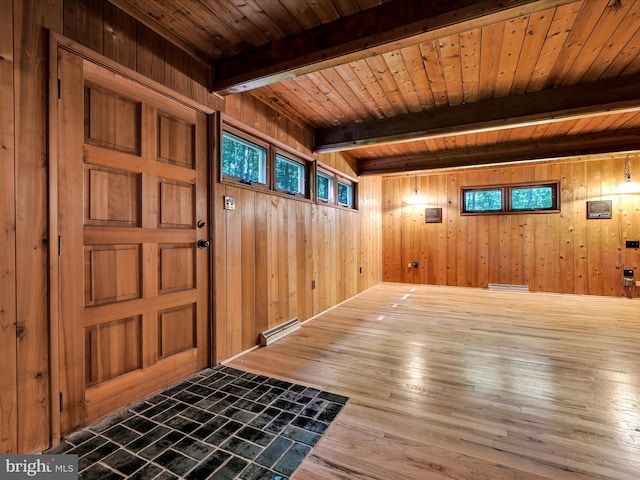 2511 W Norwegian St, Pottsville, PA 17901 - foyer with wooden walls, wooden ceiling with exposed beams, a baseboard radiator, and wood-type flooring