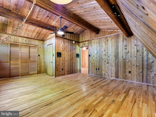 2511 W Norwegian St, Pottsville, PA 17901 - bonus room with hardwood / wood-style flooring, wooden walls, wooden ceiling, and a ceiling fan