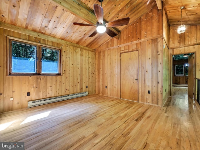 2511 W Norwegian St, Pottsville, PA 17901 - unfurnished room with a baseboard heating unit, wood ceiling, hardwood / wood-style floors, wood walls, and a ceiling fan