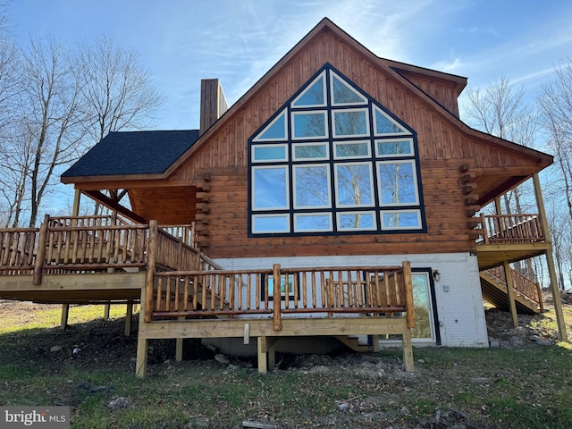 68 Taylor Ln, Mc Henry, MD 21541 - rear view of property featuring stairs, a deck, log exterior, and a shingled roof