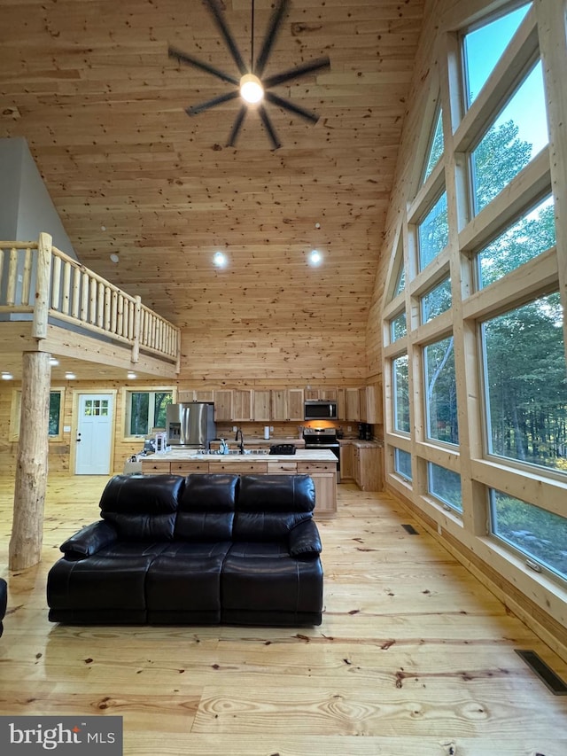 68 Taylor Ln, Mc Henry, MD 21541 - living area with high vaulted ceiling, wood ceiling, light wood finished floors, and wooden walls
