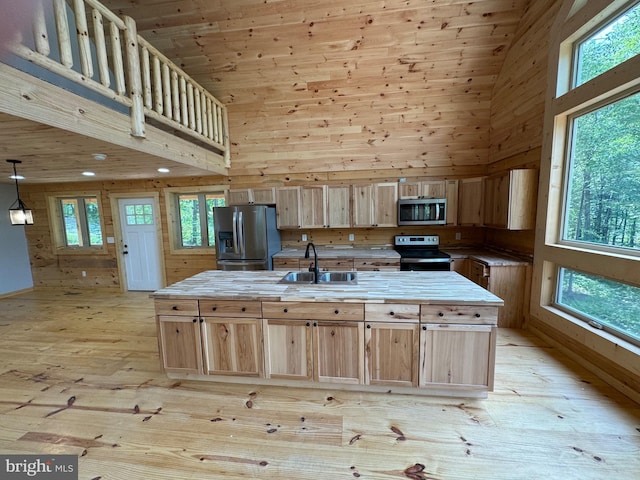 68 Taylor Ln, Mc Henry, MD 21541 - kitchen with stainless steel appliances, a sink, light brown cabinets, high vaulted ceiling, and wood walls
