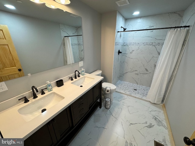 68 Taylor Ln, Mc Henry, MD 21541 - full bathroom with marble finish floors, toilet, a stall shower, double vanity, and recessed lighting
