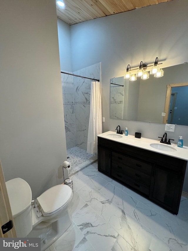 68 Taylor Ln, Mc Henry, MD 21541 - bathroom with toilet, a stall shower, double vanity, marble look tiles, and wooden ceiling