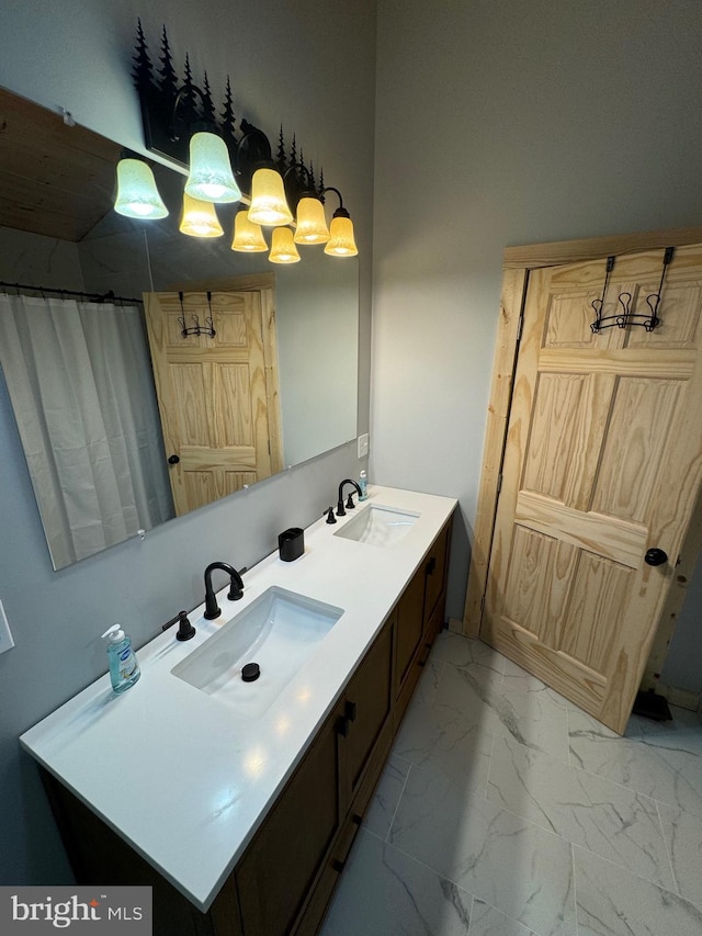 68 Taylor Ln, Mc Henry, MD 21541 - bathroom featuring double vanity, marble finish floors, and curtained shower