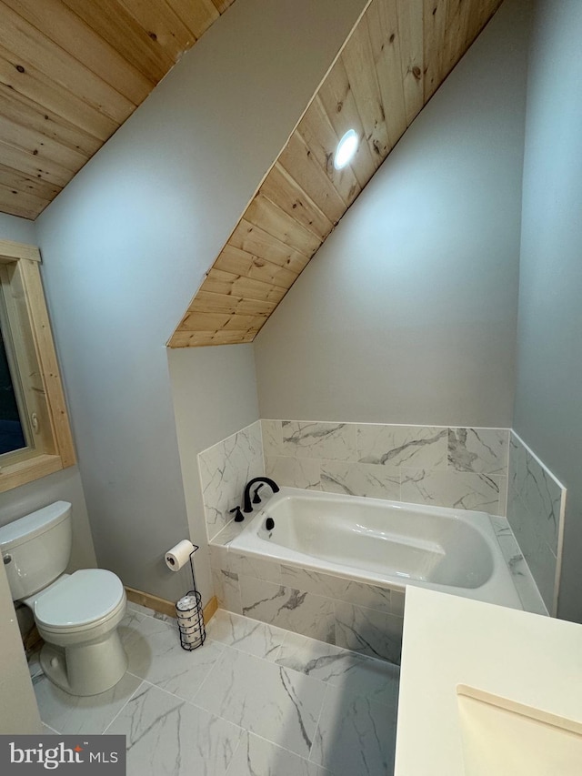 68 Taylor Ln, Mc Henry, MD 21541 - bathroom featuring toilet, a garden tub, marble look tiles, wood ceiling, and lofted ceiling