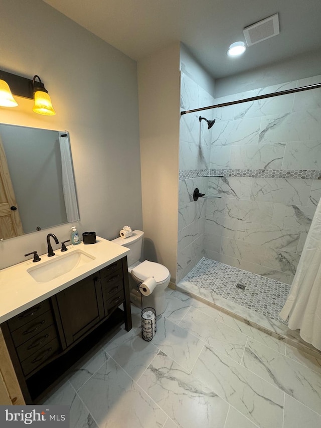 68 Taylor Ln, Mc Henry, MD 21541 - bathroom featuring vanity, a stall shower, toilet, and marble finish flooring