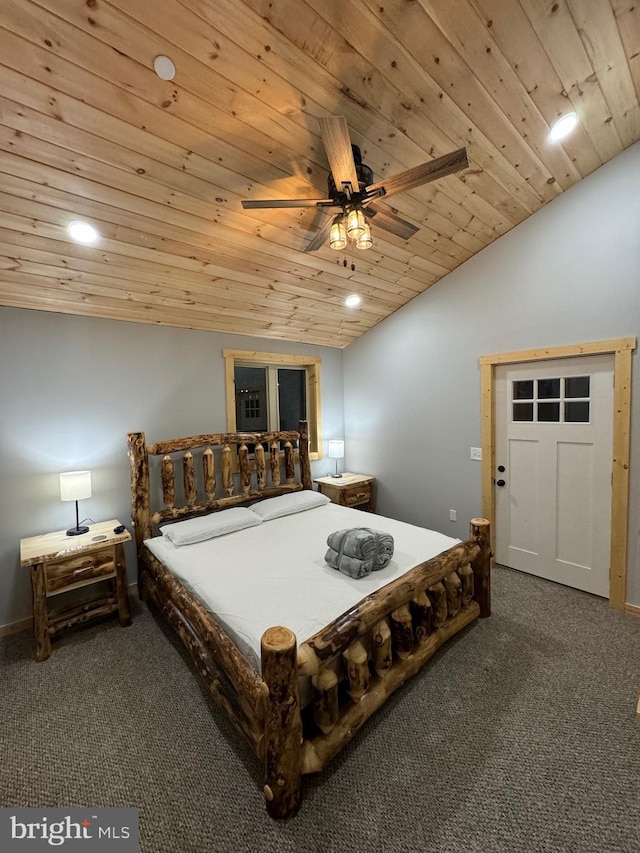 68 Taylor Ln, Mc Henry, MD 21541 - carpeted bedroom featuring lofted ceiling, wooden ceiling, recessed lighting, and a ceiling fan