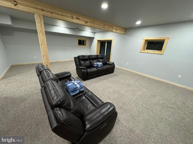 68 Taylor Ln, Mc Henry, MD 21541 - home theater with baseboards, carpet flooring, recessed lighting, and beamed ceiling