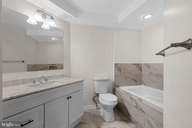 5948 Founders Hill Dr Unit 301, Alexandria, VA 22310 - bathroom featuring a tub with marble appearance, toilet, vanity, marble finish floors, and baseboards