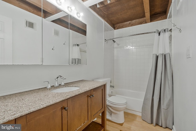 11174 Glade Dr, Reston, VA 20191 - bathroom with toilet, vanity, shower / tub combo, wood finished floors, and wooden ceiling