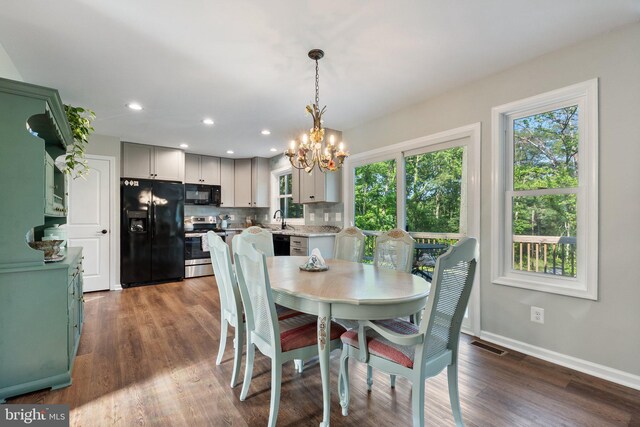 1820 Gooney Manor Loop, Bentonville, VA 22610 - dining area featuring healthy amount of natural light, a chandelier, baseboards, dark wood-style flooring, and recessed lighting