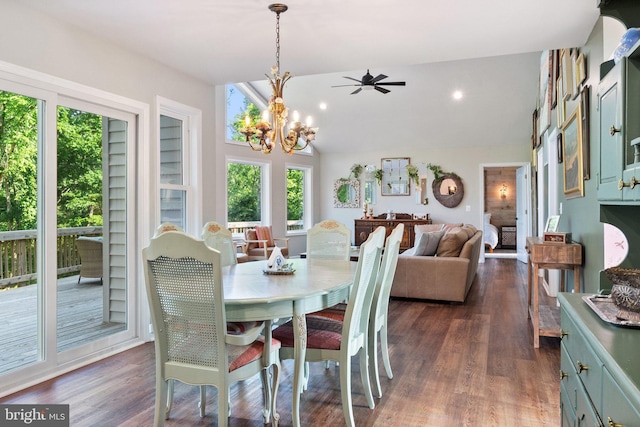 1820 Gooney Manor Loop, Bentonville, VA 22610 - dining space with lofted ceiling, dark wood-type flooring, a chandelier, a ceiling fan, and recessed lighting