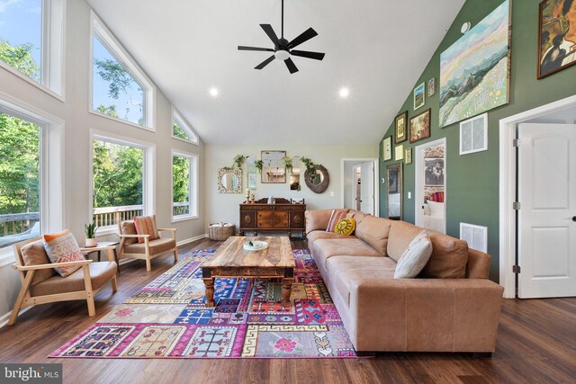 1820 Gooney Manor Loop, Bentonville, VA 22610 - living area with high vaulted ceiling, a ceiling fan, wood finished floors, recessed lighting, and baseboards