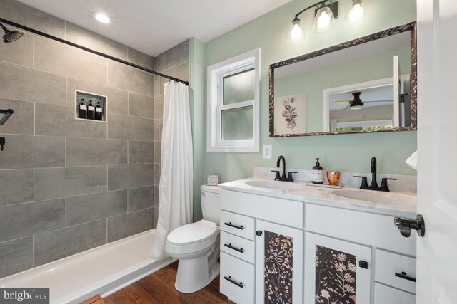 1820 Gooney Manor Loop, Bentonville, VA 22610 - bathroom featuring toilet, double vanity, a tile shower, and wood finished floors