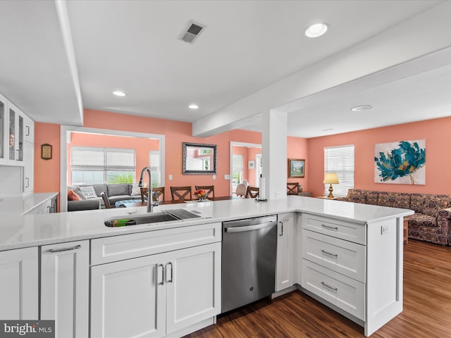 132 Seabright Way Unit D5, Rehoboth Beach, DE 19971 - kitchen with dishwasher, open floor plan, a sink, white cabinetry, and recessed lighting