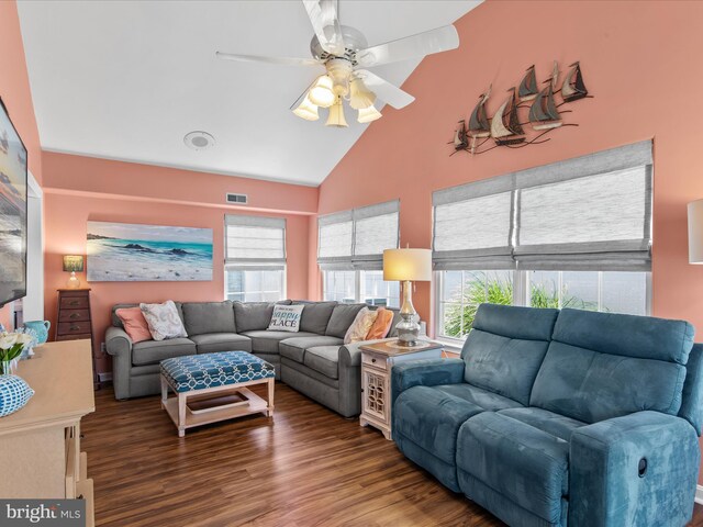 132 Seabright Way Unit D5, Rehoboth Beach, DE 19971 - living area with wood finished floors, a ceiling fan, and high vaulted ceiling