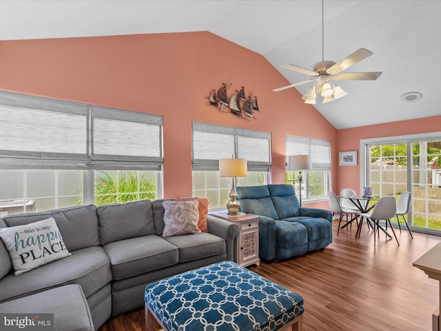 132 Seabright Way Unit D5, Rehoboth Beach, DE 19971 - living area with wood finished floors, ceiling fan, and high vaulted ceiling