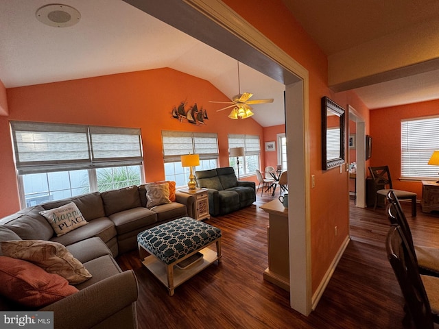 132 Seabright Way Unit D5, Rehoboth Beach, DE 19971 - living room featuring vaulted ceiling, dark wood-type flooring, a ceiling fan, and baseboards