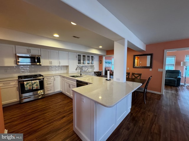 132 Seabright Way Unit D5, Rehoboth Beach, DE 19971 - kitchen featuring appliances with stainless steel finishes, a sink, a peninsula, dark wood finished floors, and tasteful backsplash