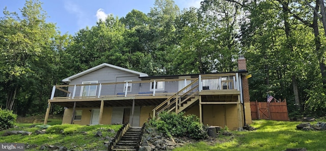 453 Mountain Heights Rd, Front Royal, VA 22630 - back of house with stairway, a deck, a chimney, and a gate
