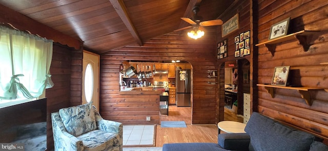 453 Mountain Heights Rd, Front Royal, VA 22630 - living area featuring arched walkways, light wood finished floors, a ceiling fan, wooden ceiling, and log walls