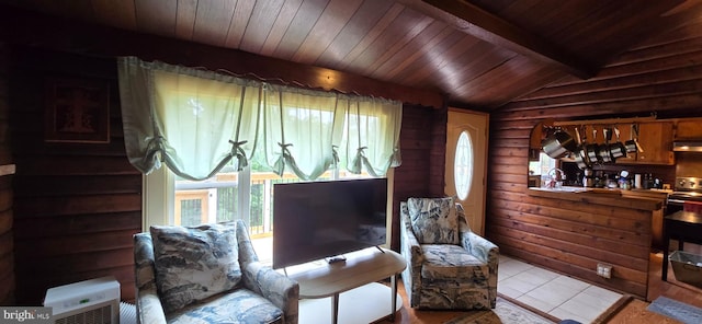 453 Mountain Heights Rd, Front Royal, VA 22630 - sitting room with rustic walls, healthy amount of natural light, wood ceiling, and tile patterned flooring