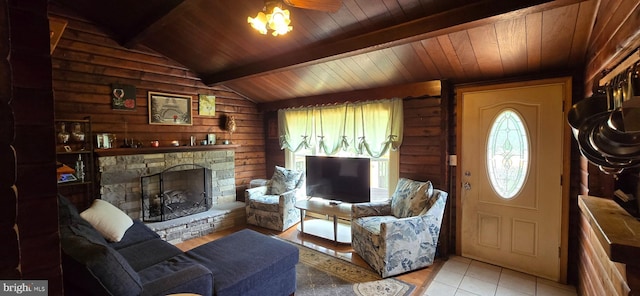 453 Mountain Heights Rd, Front Royal, VA 22630 - living room with plenty of natural light, wood ceiling, and a stone fireplace