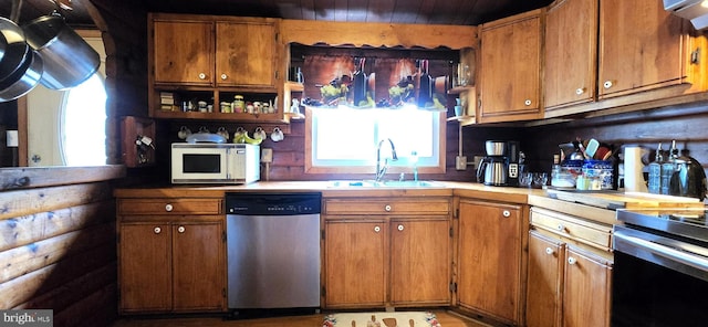 453 Mountain Heights Rd, Front Royal, VA 22630 - kitchen with appliances with stainless steel finishes, a sink, brown cabinets, wood ceiling, and open shelves