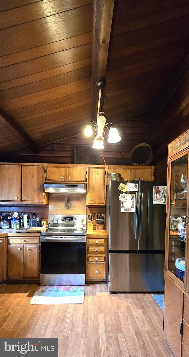 453 Mountain Heights Rd, Front Royal, VA 22630 - kitchen with appliances with stainless steel finishes, wood ceiling, light wood-type flooring, light countertops, and brown cabinetry