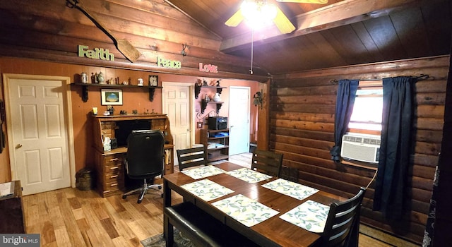 453 Mountain Heights Rd, Front Royal, VA 22630 - dining space featuring wooden ceiling, rustic walls, lofted ceiling, light wood finished floors, and ceiling fan