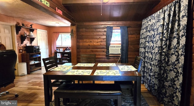 453 Mountain Heights Rd, Front Royal, VA 22630 - dining room with rustic walls, wood finished floors, cooling unit, and wood ceiling