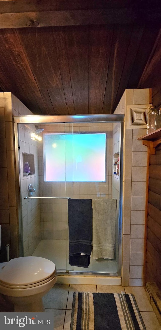 453 Mountain Heights Rd, Front Royal, VA 22630 - full bathroom with wooden ceiling, a shower stall, toilet, and tile patterned floors