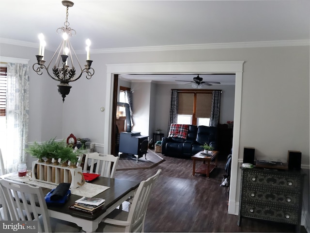 731 W Main St, Leesport, PA 19533 - dining area with plenty of natural light, wood finished floors, a chandelier, ornamental molding, and a ceiling fan