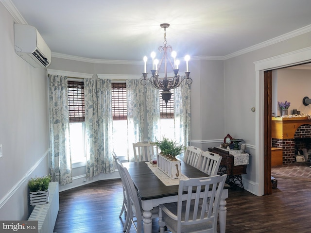 731 W Main St, Leesport, PA 19533 - dining space with a chandelier, a wall mounted air conditioner, wood finished floors, and ornamental molding