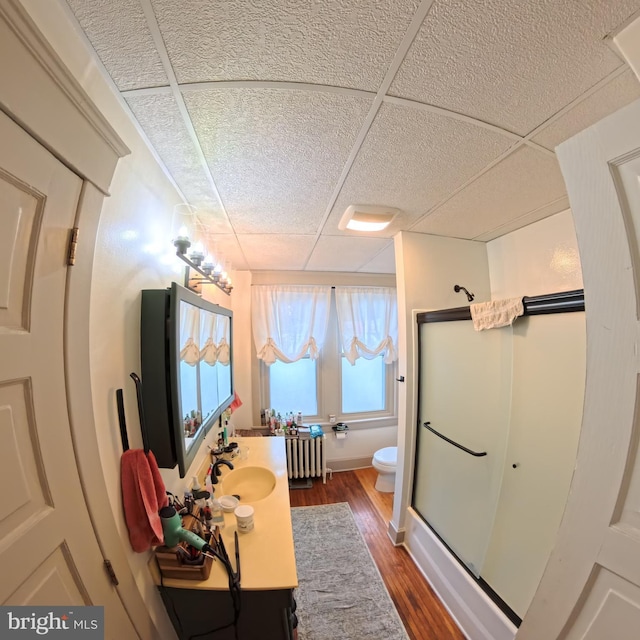 731 W Main St, Leesport, PA 19533 - bathroom with vanity, a shower stall, radiator heating unit, wood finished floors, and a paneled ceiling